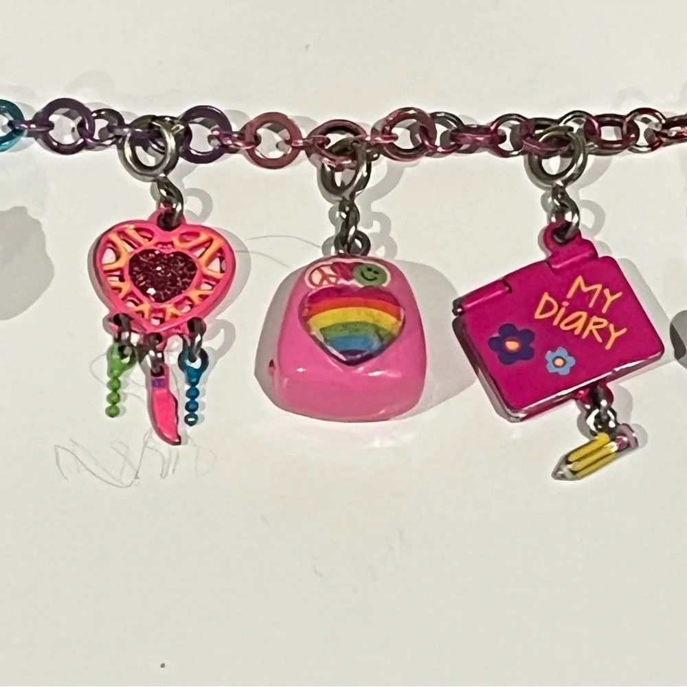 Charm It! Rainbow Charm Bracelet w/ 6 Charms Diary, Bike, Backpack, Heart, Cat